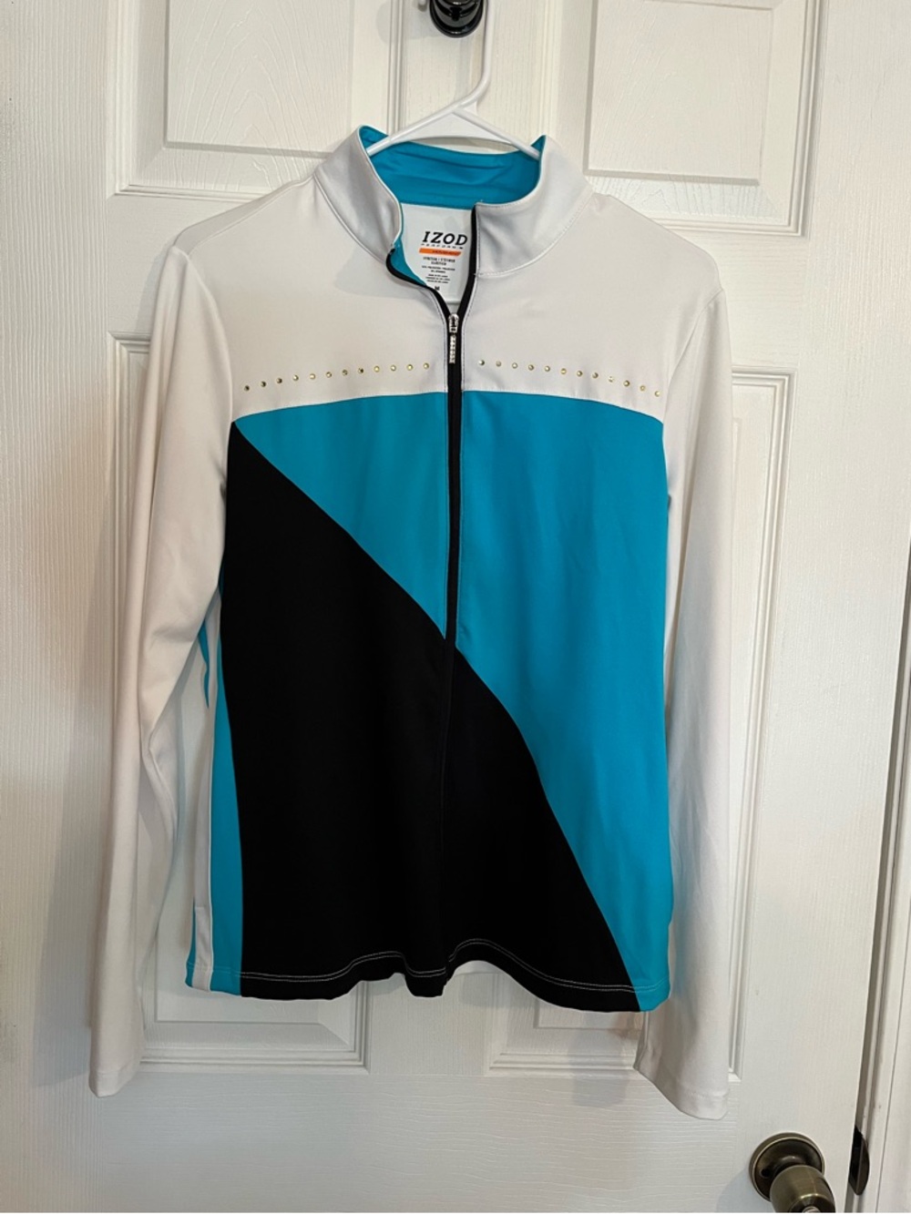 IZOD Sport Zip Top NWOT Medium Blue White Colorblock Studded